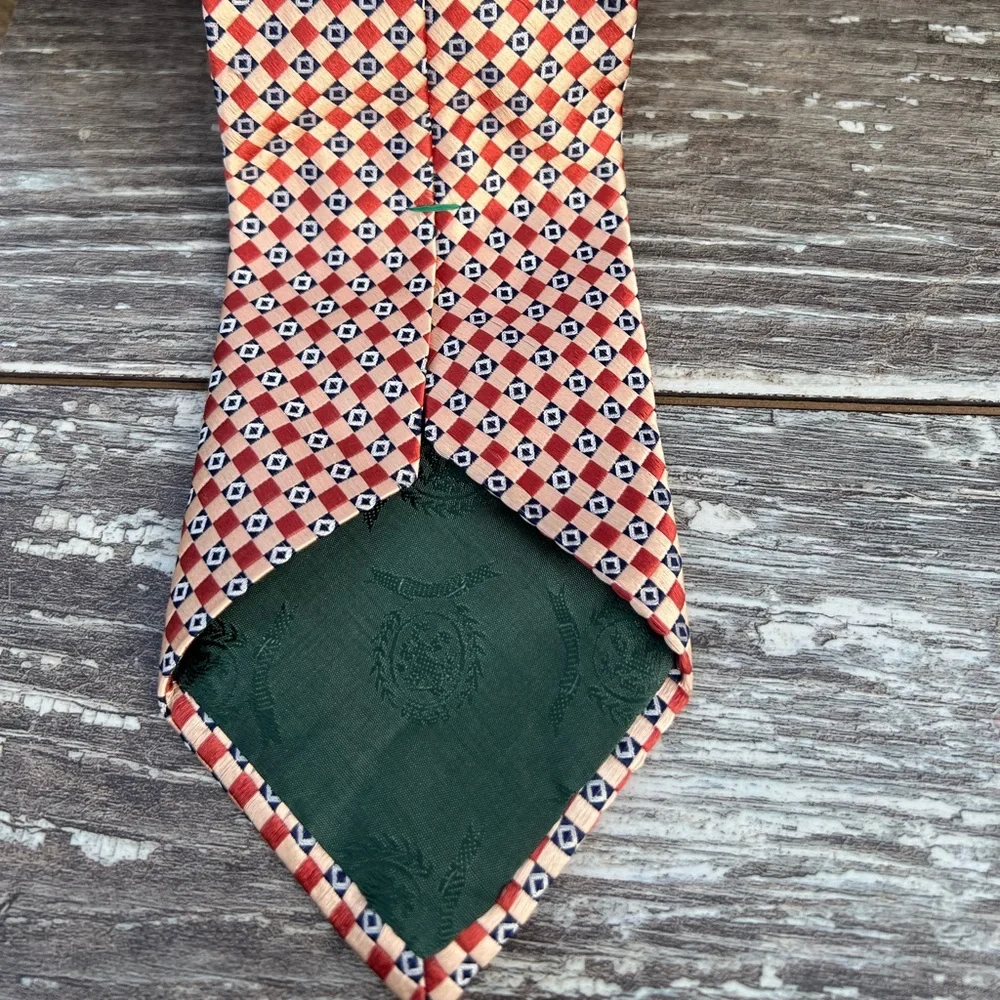 Tommy Hilfiger necktie vintage men’s tie peach blue squares‎ pattern print silk